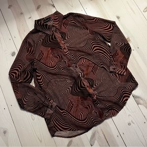 PLT Wavy Button Down Shirt in Maroon, brown and cream Sz. S